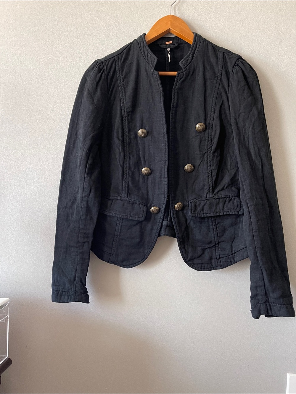 Free People Black Double-Breasted Military-Style Blazer